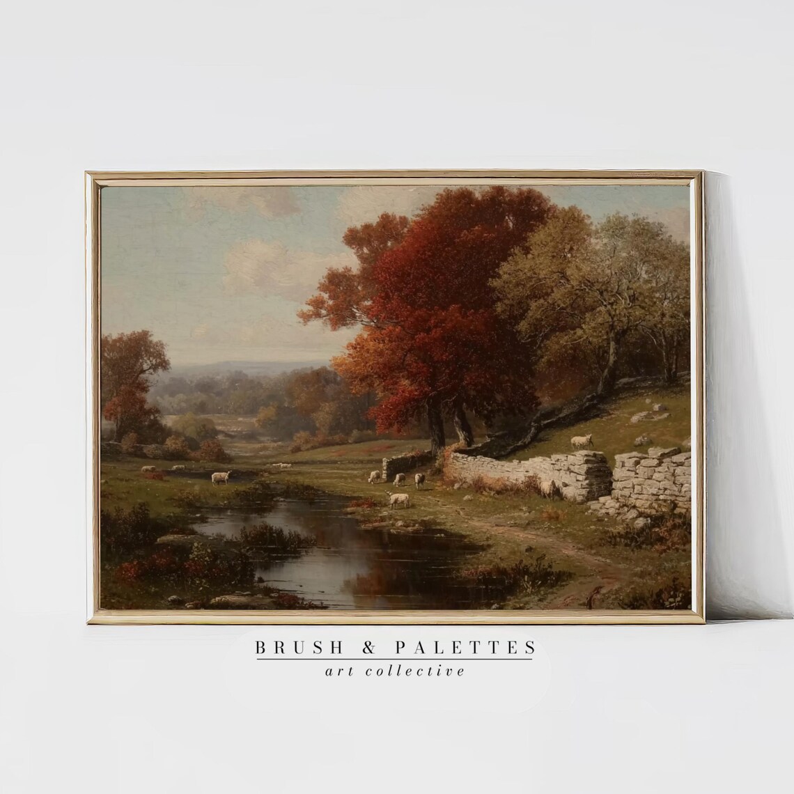 Autumn Pasture Sheep By Stream Stone Wall Pastoral Landscape Art Poster