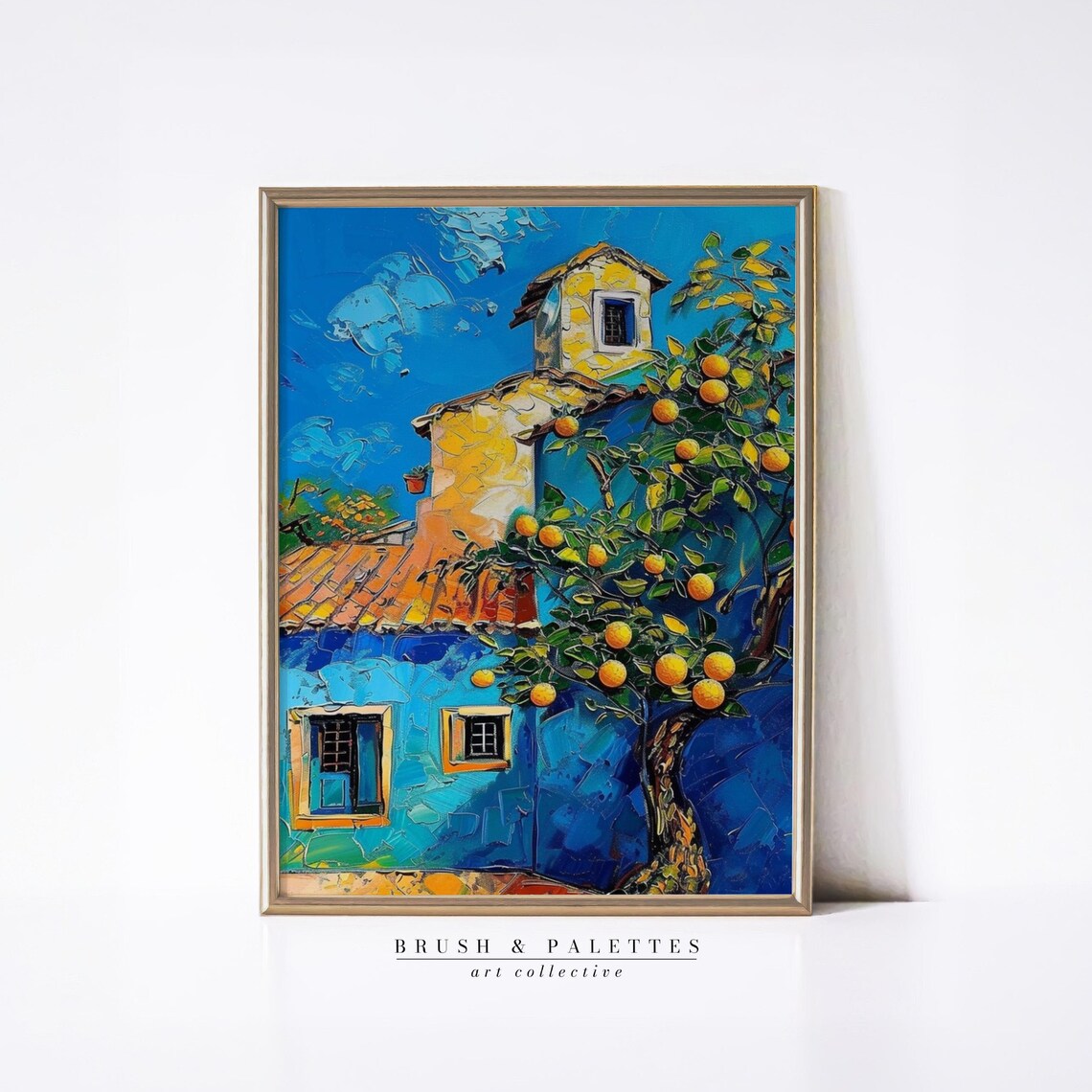 Blue House Orange Tree Impasto Mediterranean Village Painting Poster