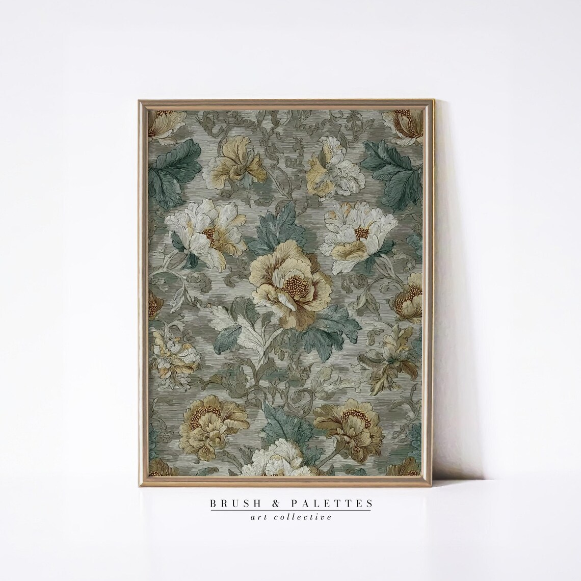Vintage Peony Floral Pattern Antique Botanical Sage Green Wall Poster