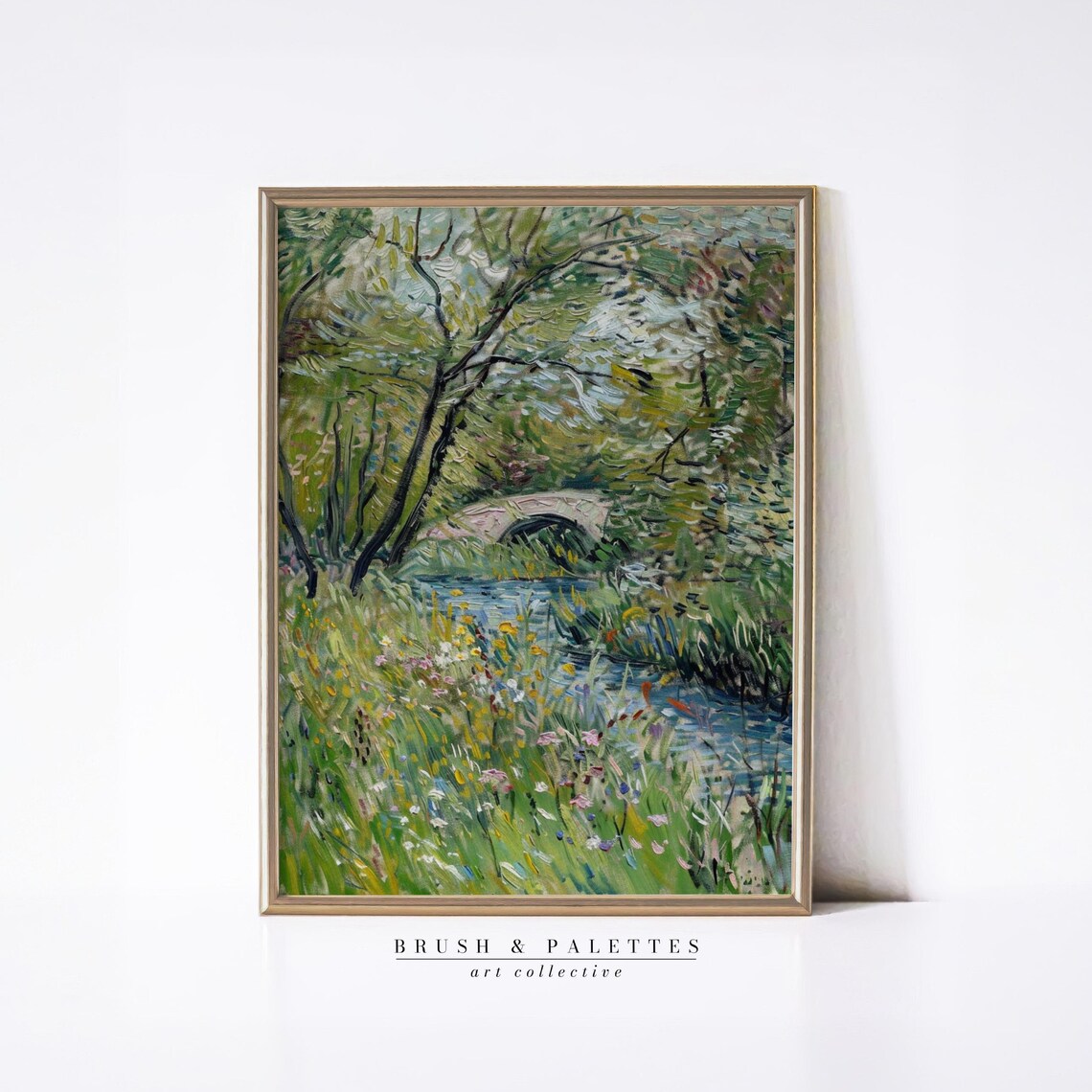 Impressionist Garden Stone Bridge Stream Wildflowers Painting Poster