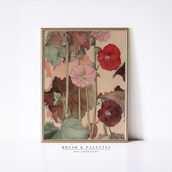 Vintage Hollyhock Botanical Watercolor Art Print