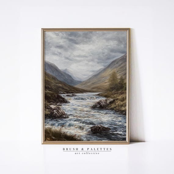 Highland River Valley Print Mountain Stream Landscape Wall Decor Moody Nature Art For Rustic Lodgestyle Homes