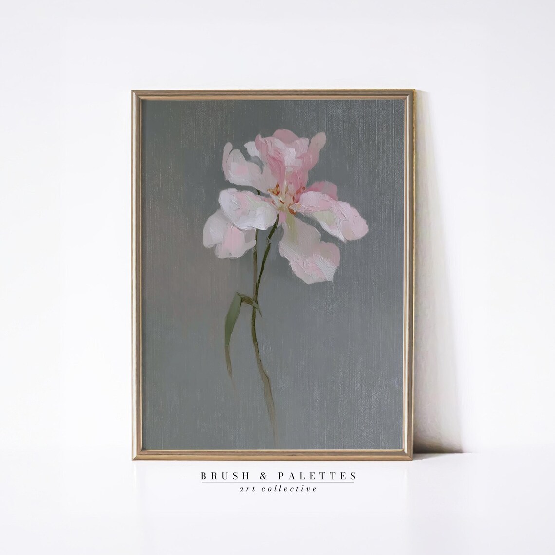 Soft Pink Blossom Floral Painting Minimalist Flower on Grey Wall Art