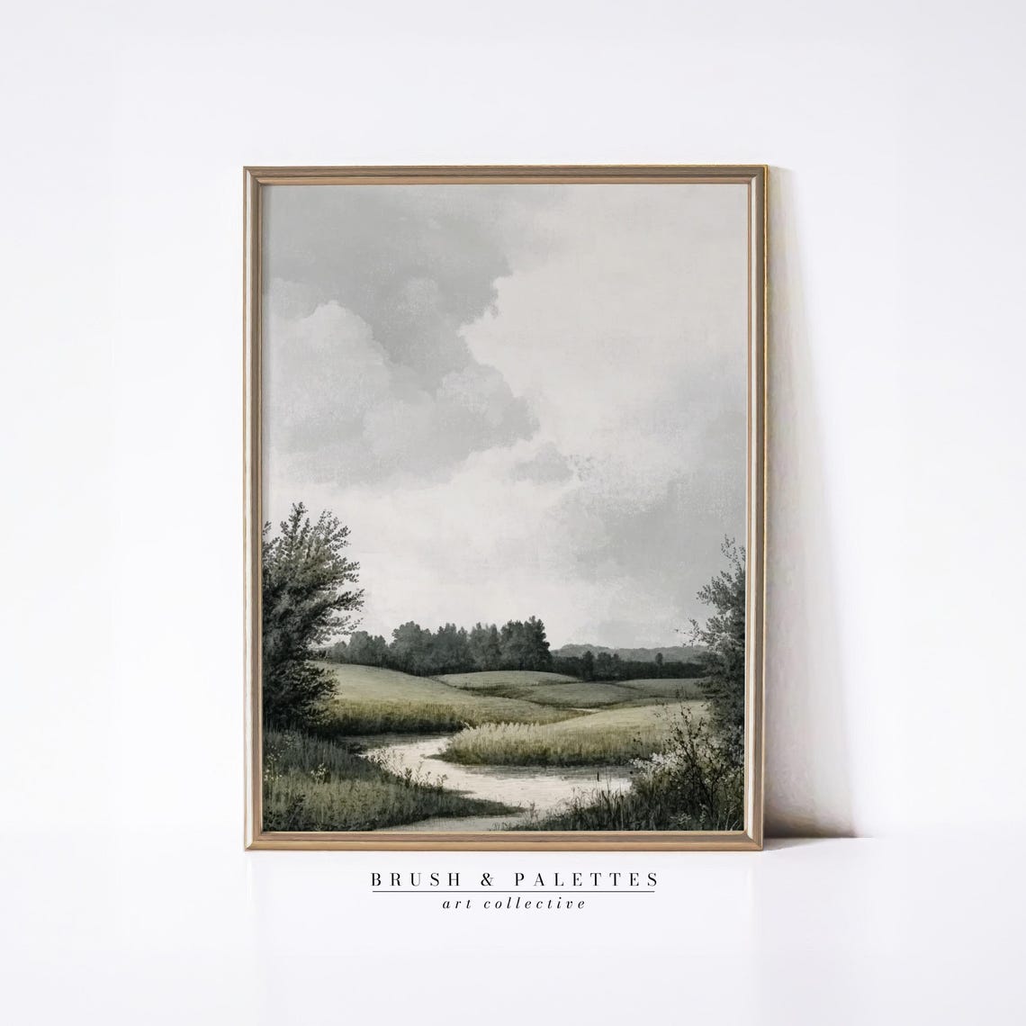 Cloudy Green Gray Landscape Painting Rustic Countryside Field Poster