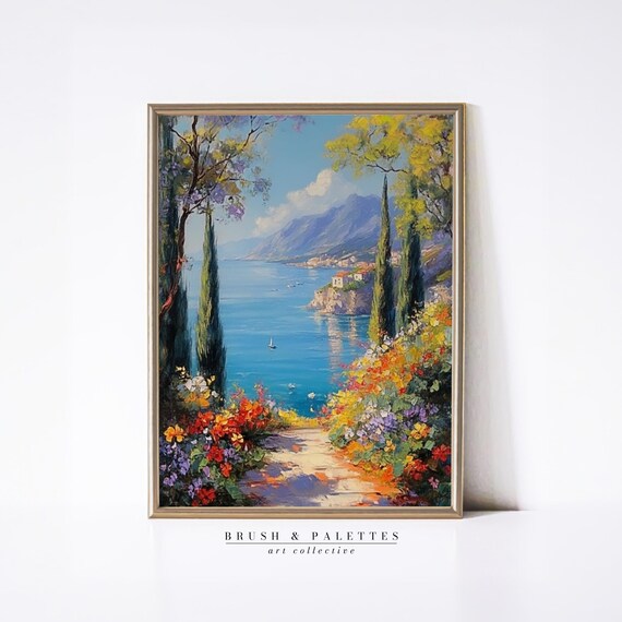 Mediterranean Garden Path Overlooking The Sea Cypress Floral Poster