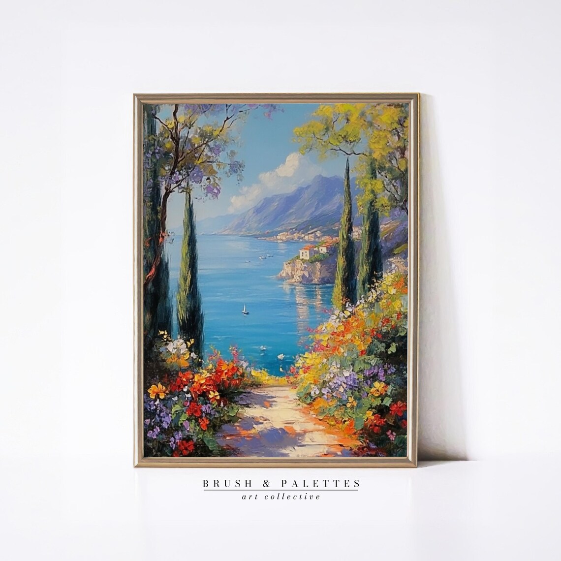 Mediterranean Garden Path Overlooking The Sea Cypress Floral Poster