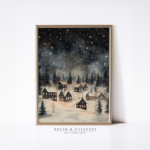Snowy Village Cottages Under Starry Night Watercolor Winter Print