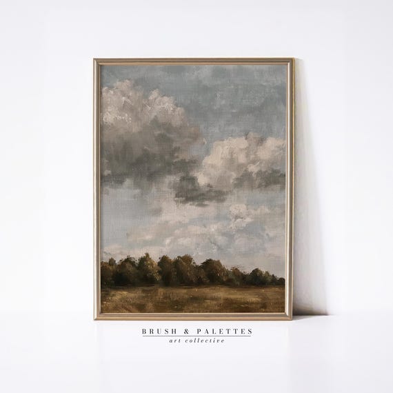 Cloudy Tree Line Landscape Print Vintage Oil Painting Wall Art Neutral Nature For Rustic Or Farmhouse Decor
