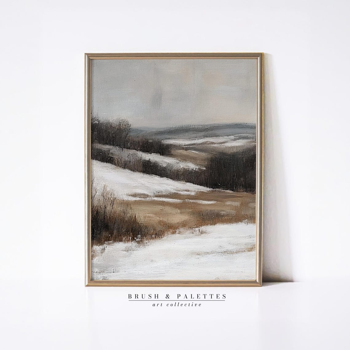 Snowy Winter Countryside Landscape Oil Painting Rustic Field Wall Art