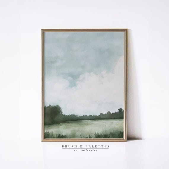 Sky Over Meadow Painting Watercolor Landscape Wall Art Serene Green White Nature Scene For Rustic Or Farmhouse Decor