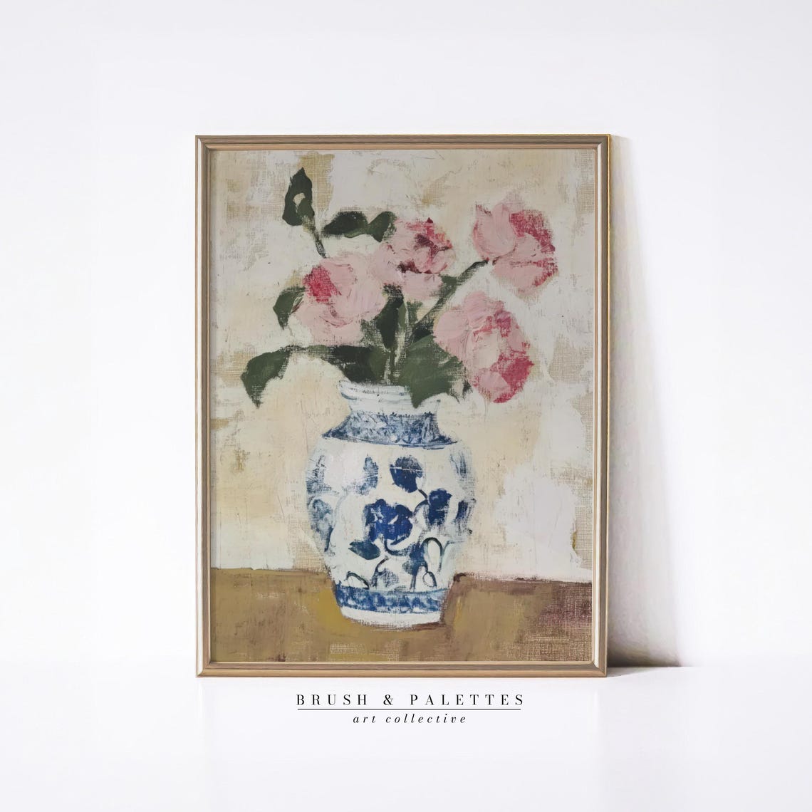 Pink Roses In Blue White Porcelain Vase Impressionist Art Print