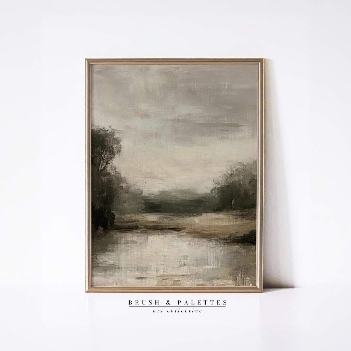 Neutral Landscape Painting, Calm River Countryside Art Print