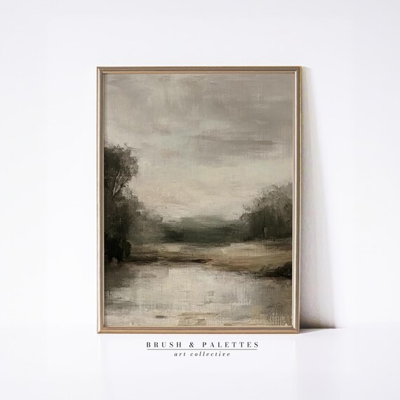 Neutral Landscape Painting, Calm River Countryside Art Print