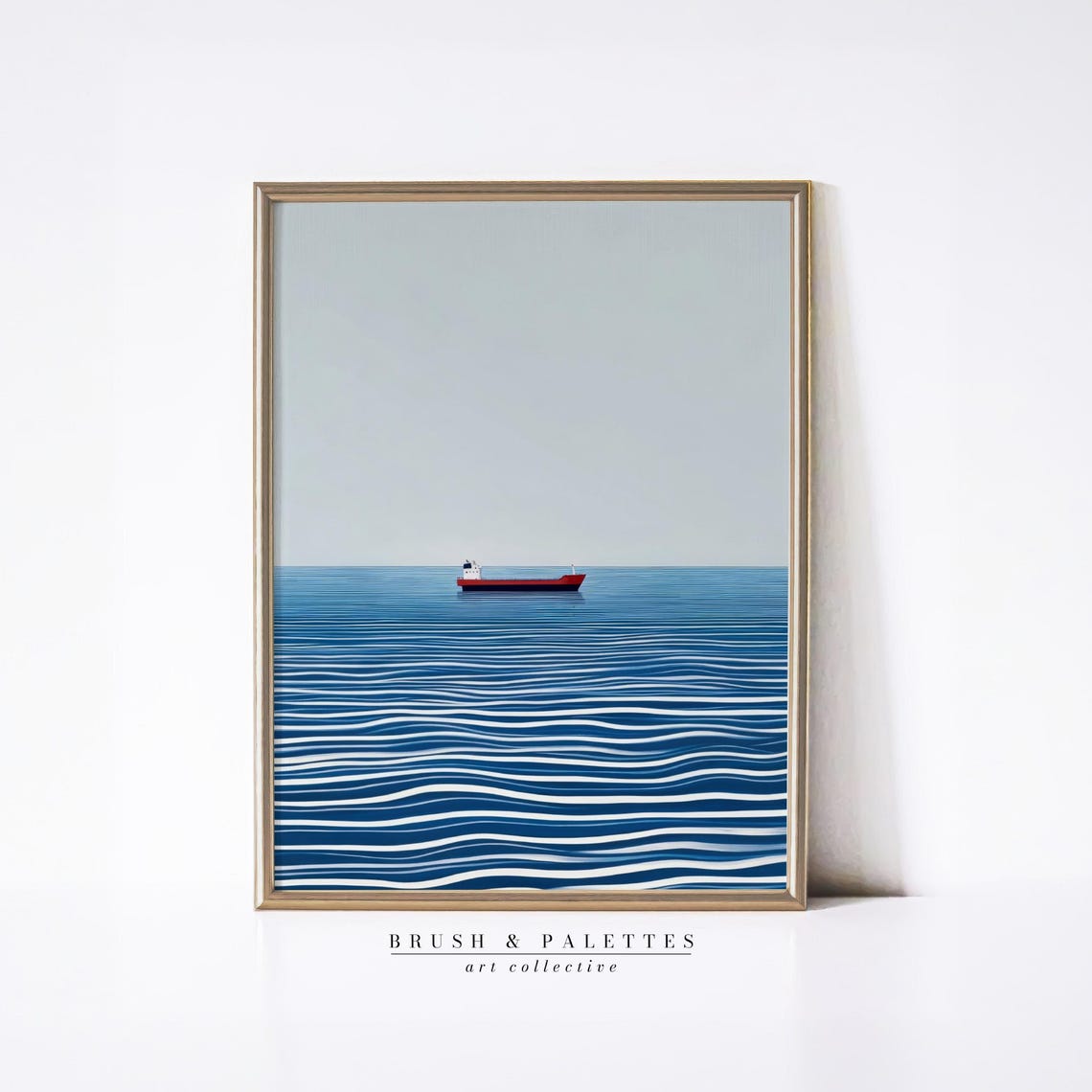 Red Cargo Ship Minimal Ocean Waves Blue Sea Minimalist Poster