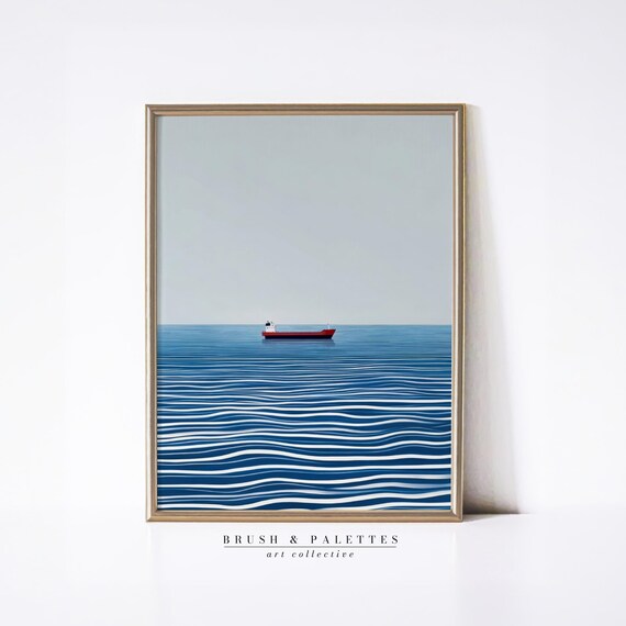 Red Cargo Ship Minimal Ocean Waves Blue Sea Minimalist Poster
