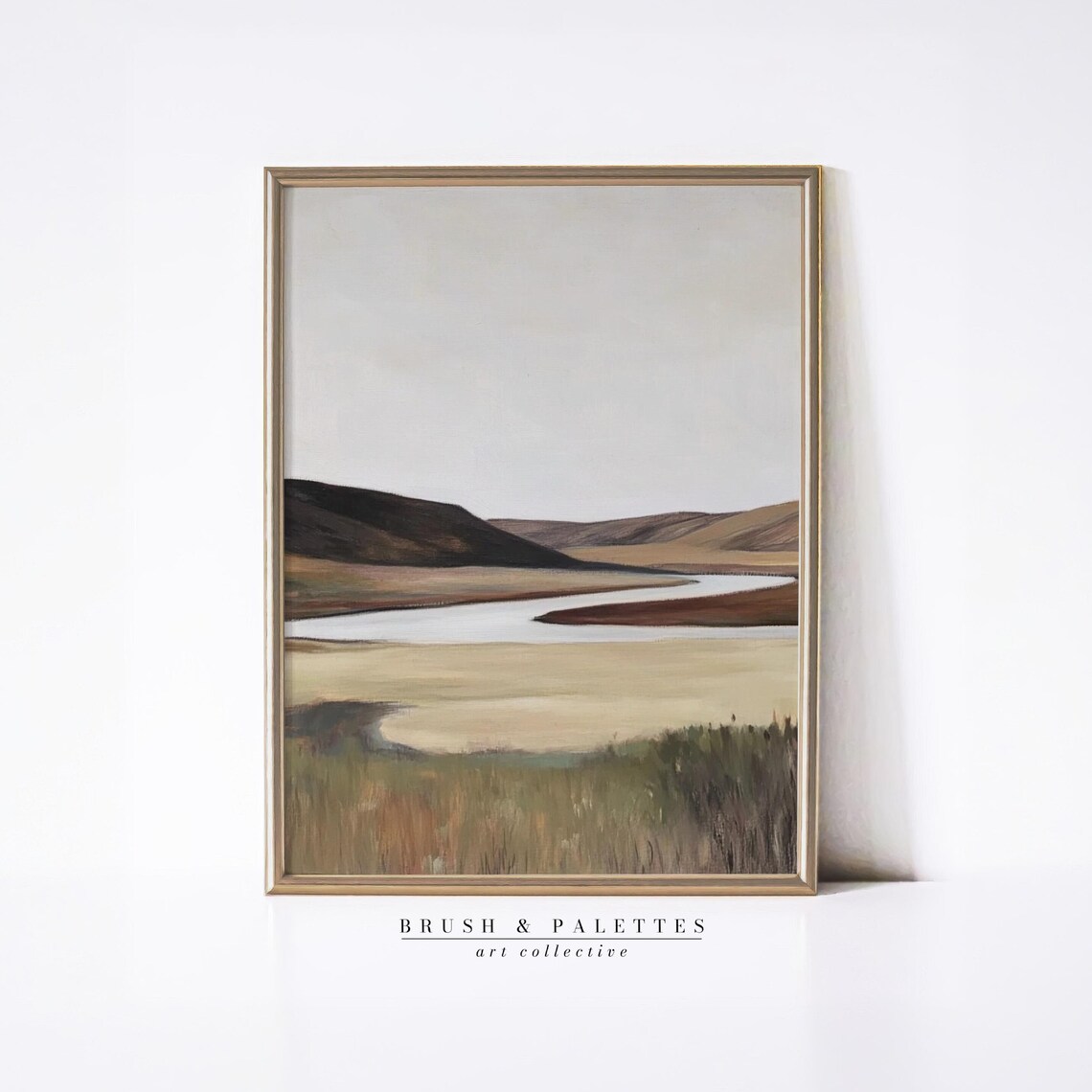 Curving River Through Prairie Hills Minimalist Neutral Wall Art