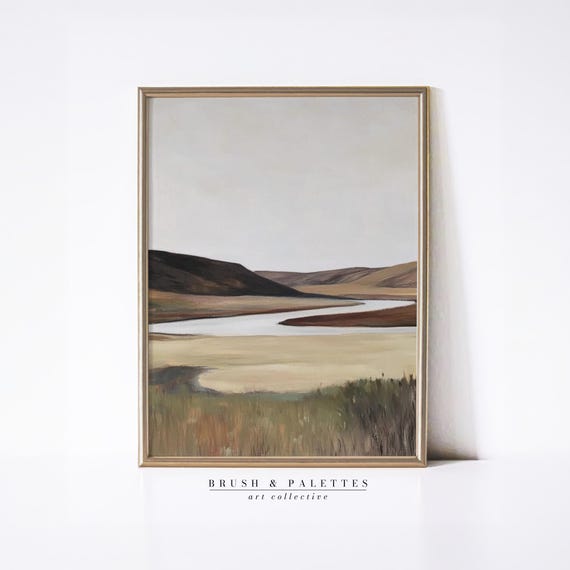 Curving River Through Prairie Hills Minimalist Landscape Wall Decor Rustic Nature Art For Farmhouse Or Lodge Homes