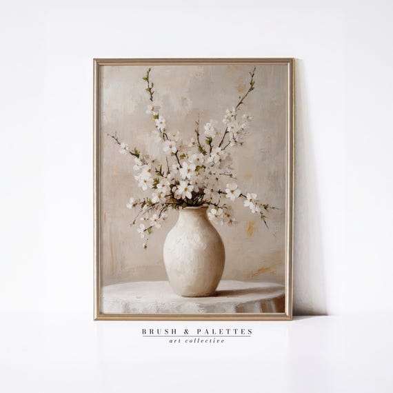 White Cherry Blossom Vase Painting Floral Still Life Print Neutral Vintage Decor For Spring Or Year Round Display