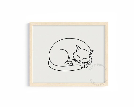 Sleeping Cat Line Art, Minimalist Nursery Decor