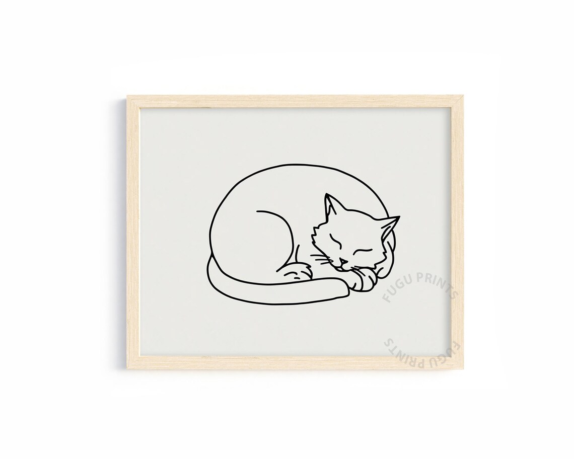 Sleeping Cat Line Art, Minimalist Nursery Decor