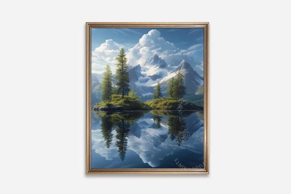 Mountain Lake Reflection Wall Art Serene Landscape 268