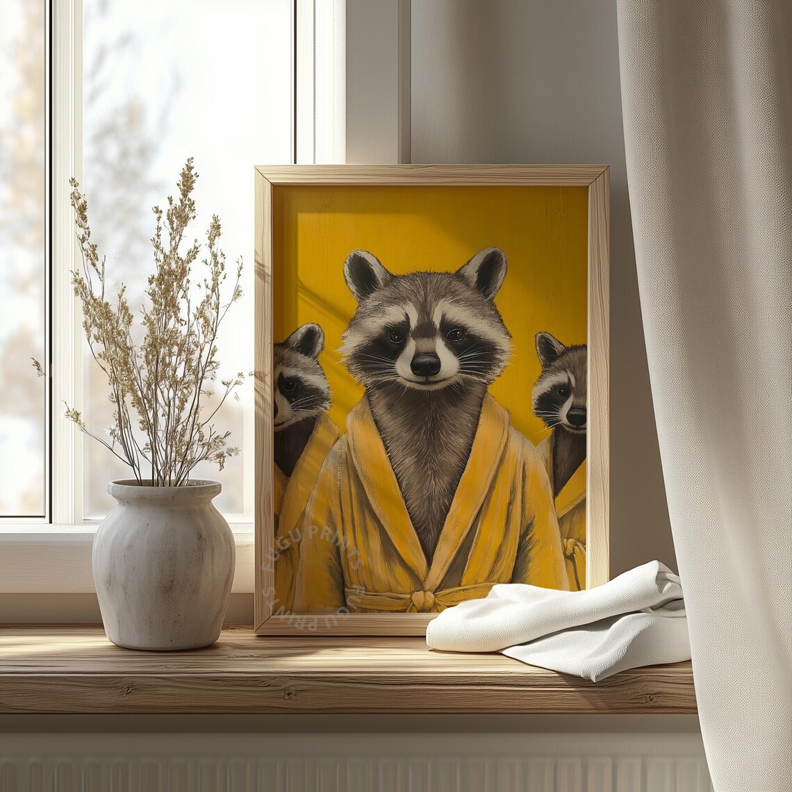 Three Raccoons in Yellow Bathrobes on Mustard Background Funny Poster - Image 4