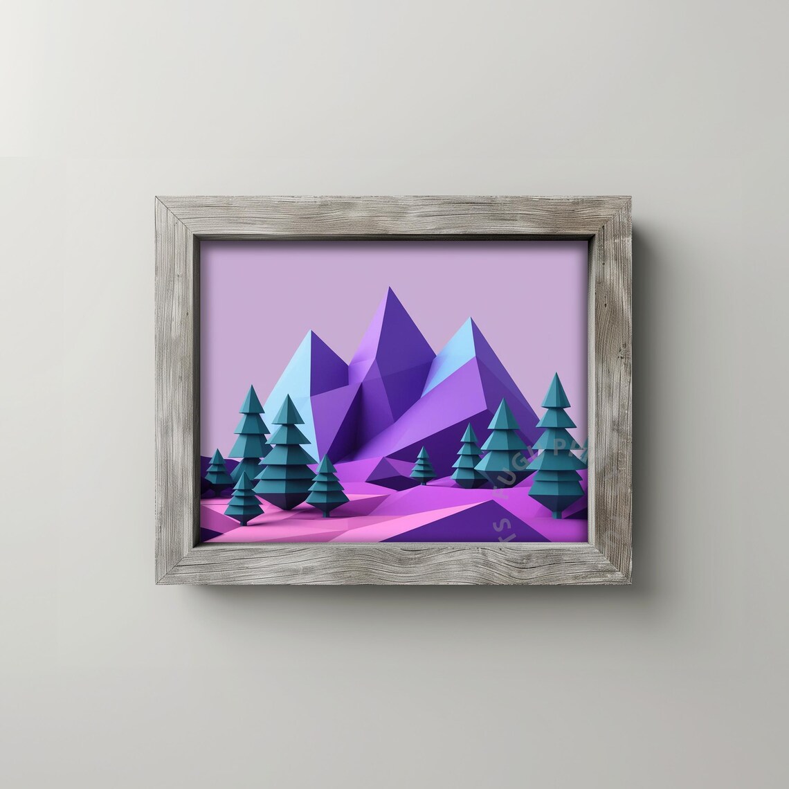 Geometric Christmas Art, Pastel Low Poly Mountain Scene - Image 2