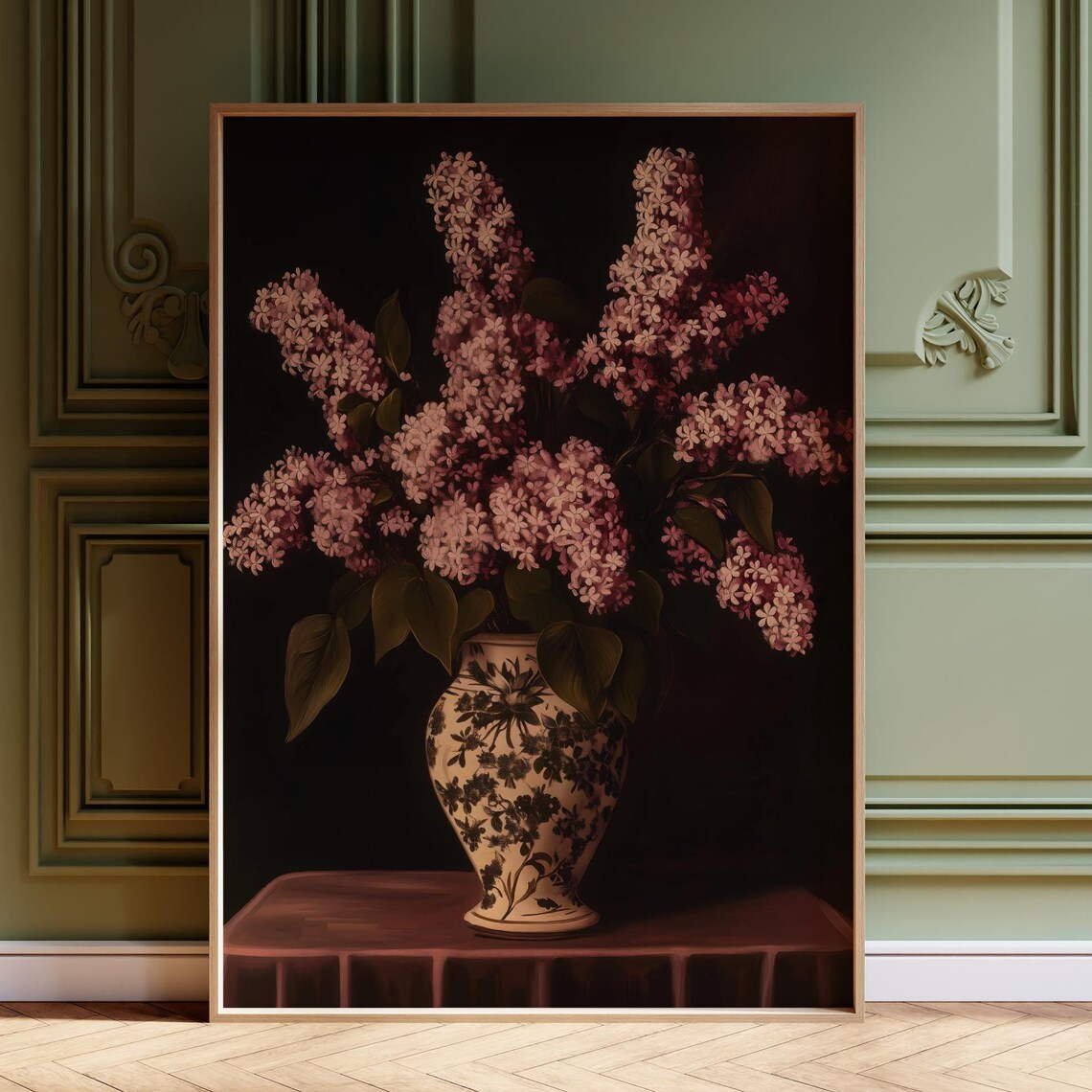 Moody Lilac Still Life in a Patterned Vase on Black Art Poster - Image 4