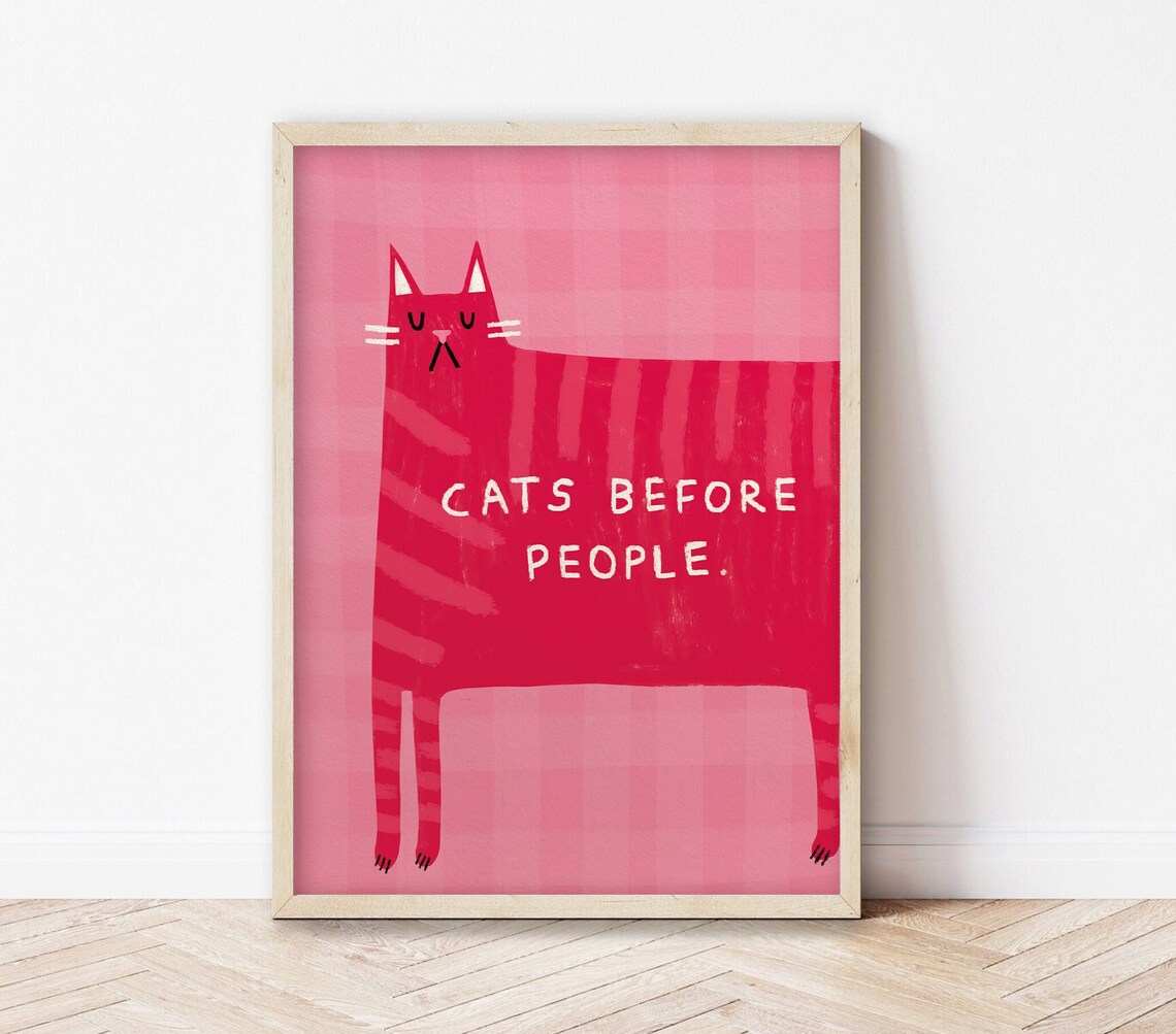 Cats Before People Red Kitty Humorous Pink Gingham Quote Wall Art