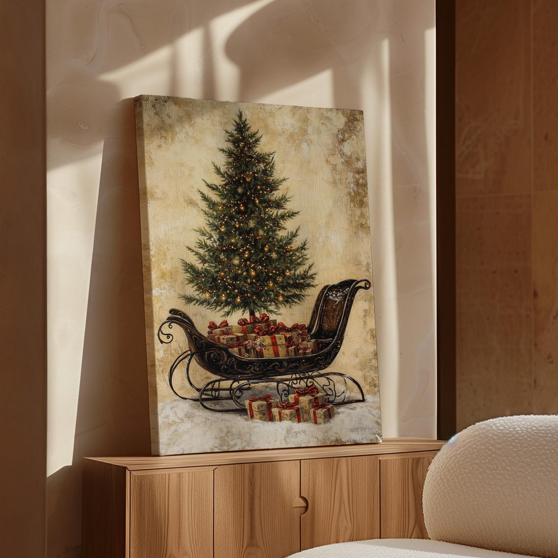 Christmas Sleigh Under Glowing Tree With Gifts Cozy Holiday Poster