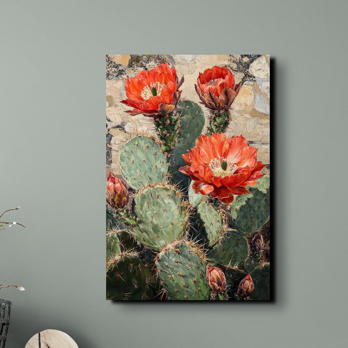 Prickly Pear Cactus Red Orange Blooms Stone Wall Desert Art Poster