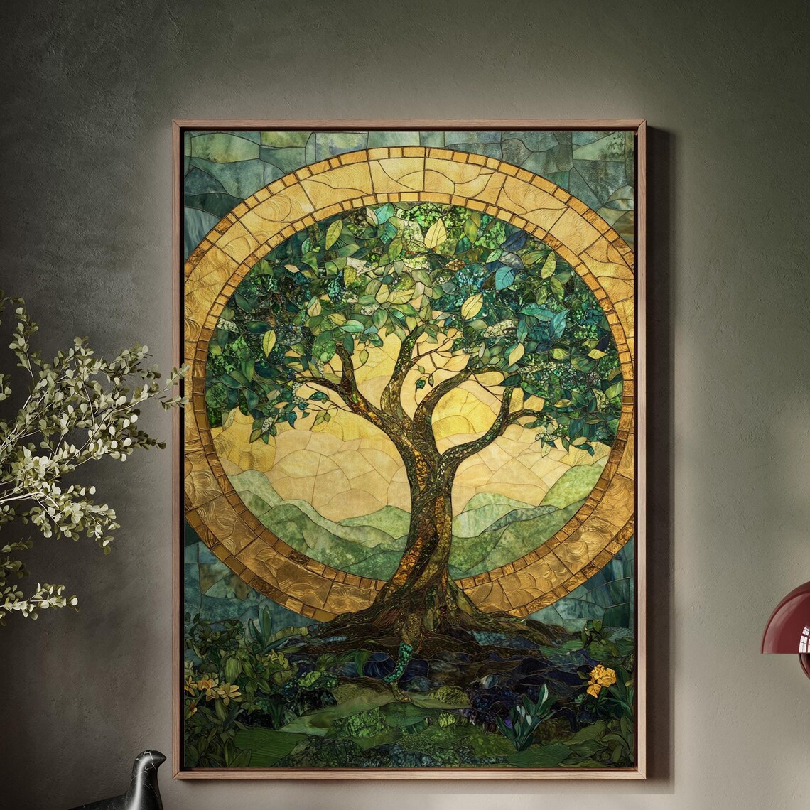 Stained Glass Tree Of Life With Golden Halo Mosaic Nature Poster