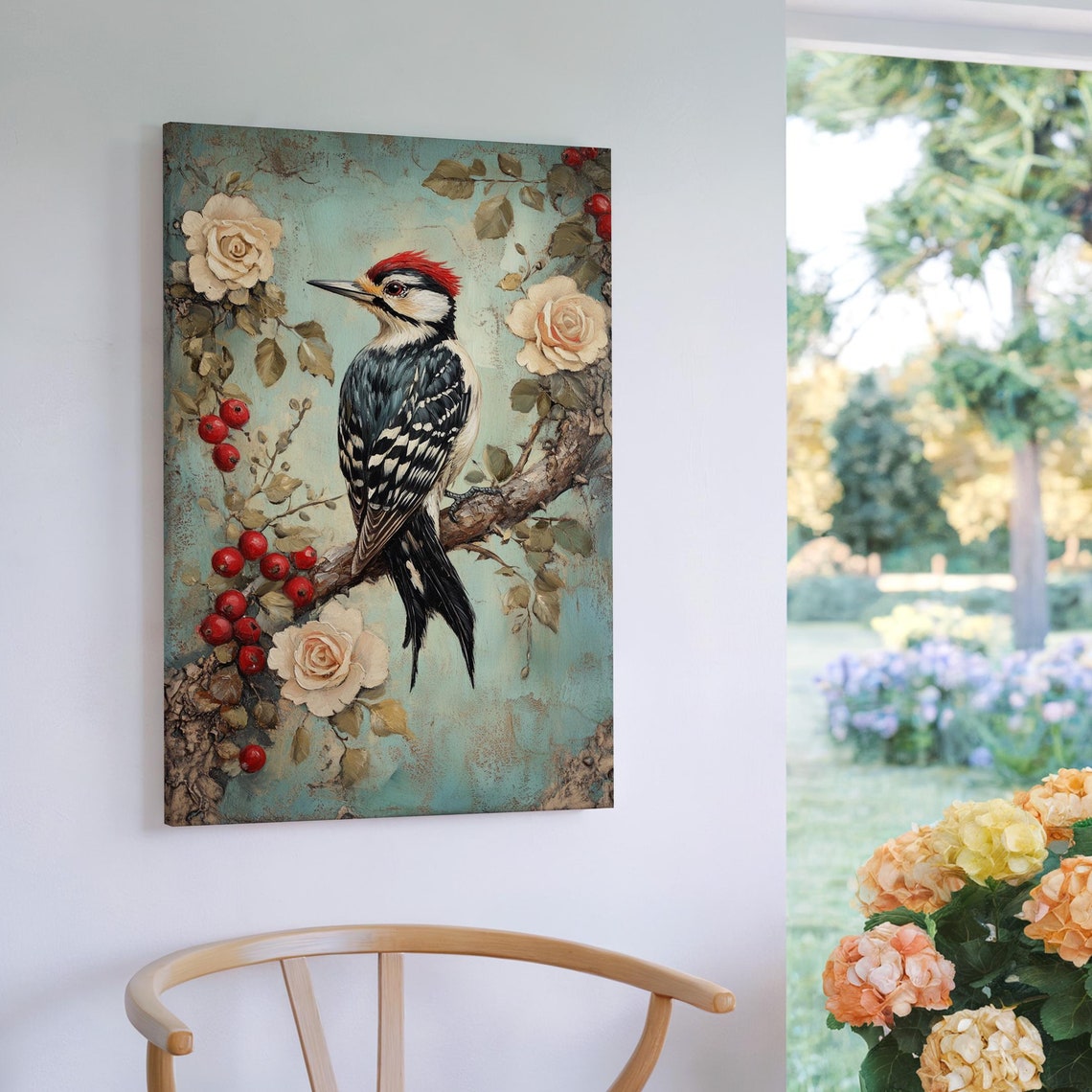 Woodpecker On Branch Vintage Bird Roses Berries Nature Scene Poster