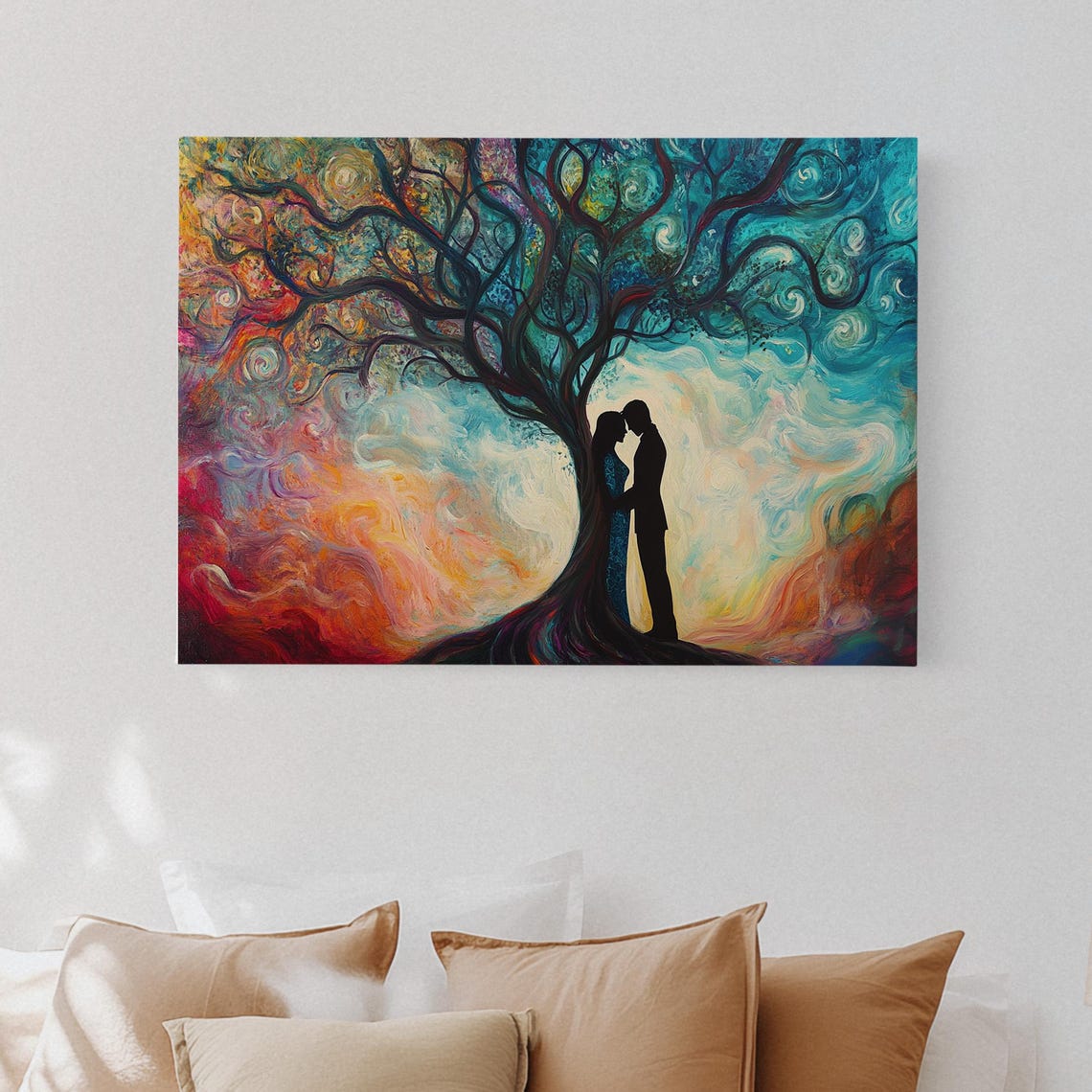 A Romantic Couple Silhouette Under A Colorful Starry Tree Poster