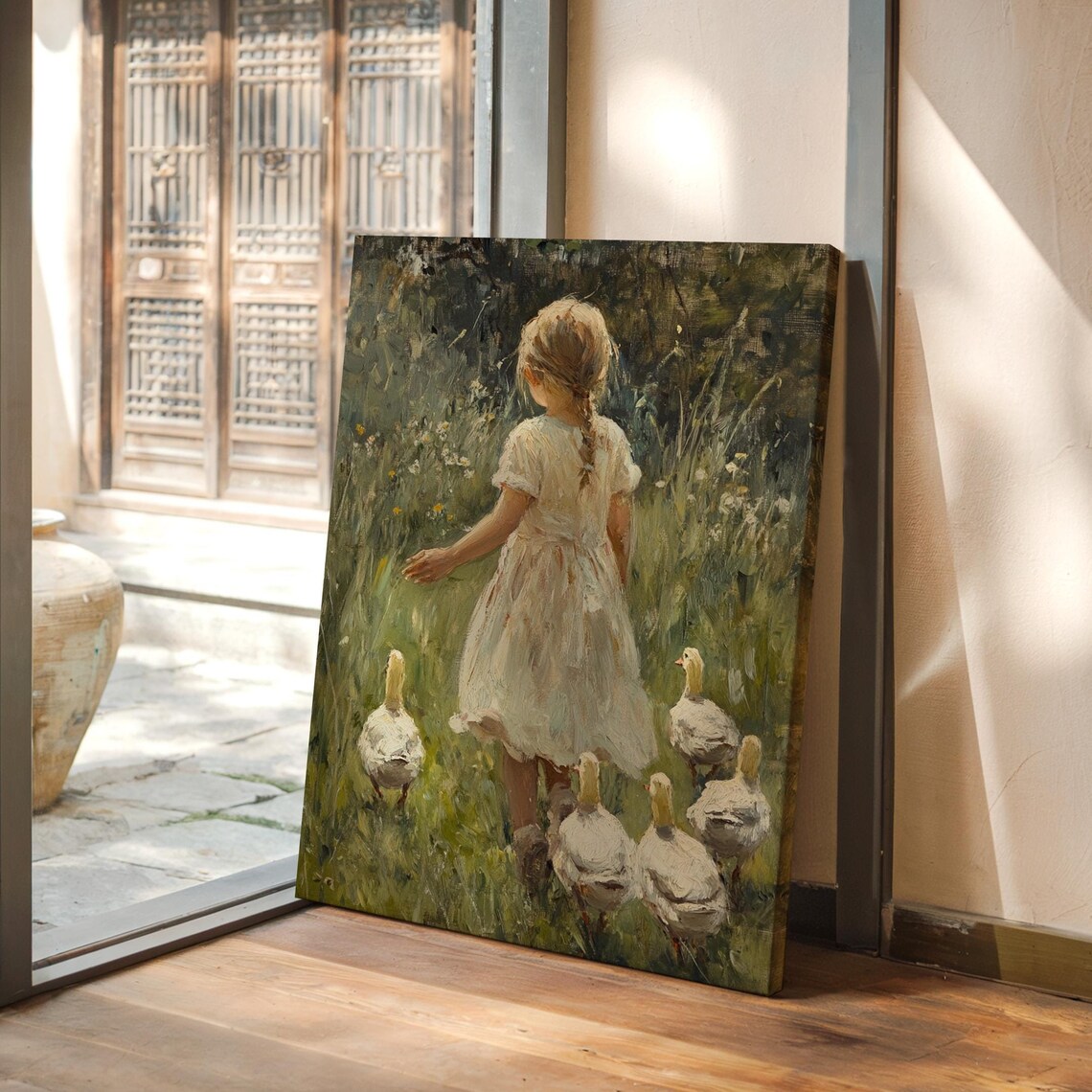 Young Girl With Ducks In Meadow, Vintage Art Print