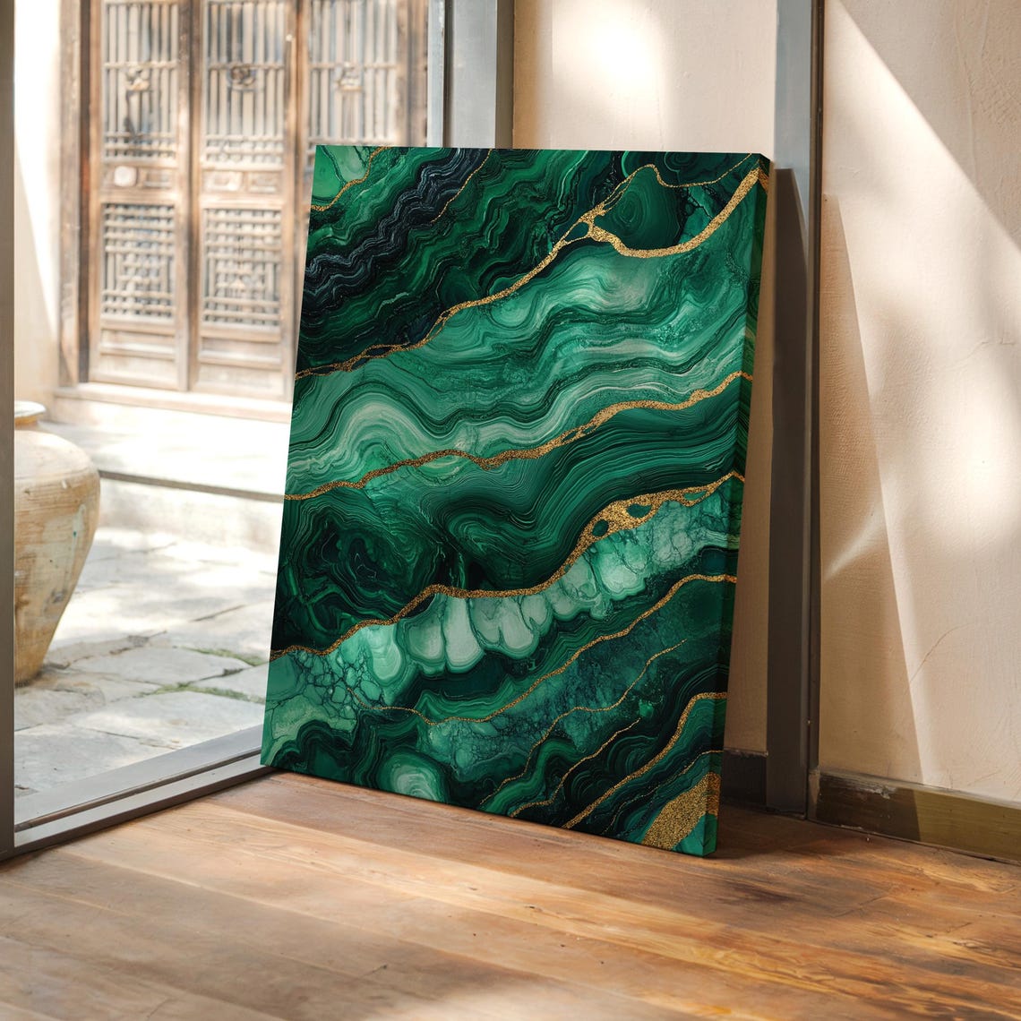 Green Malachite Marble Print with Elegant Gold Vein Accent Details