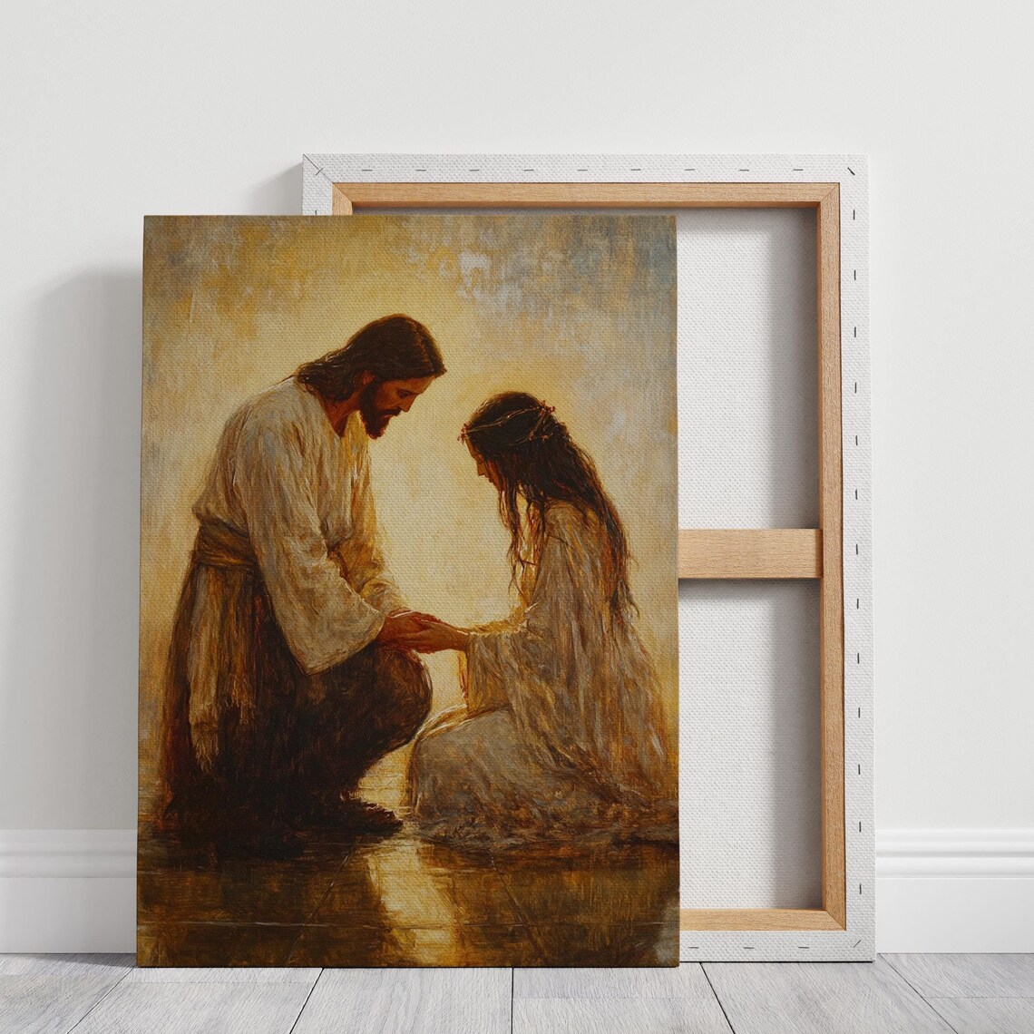 Jesus Kneeling to Hold a Woman's Hands in a Moment of Grace Poster