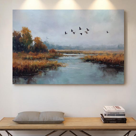 Autumn River Landscape Canvas Wall Art Migrating Birds Over Water Painting Misty Nature Scene Rustic Fall Countryside Home Dcor