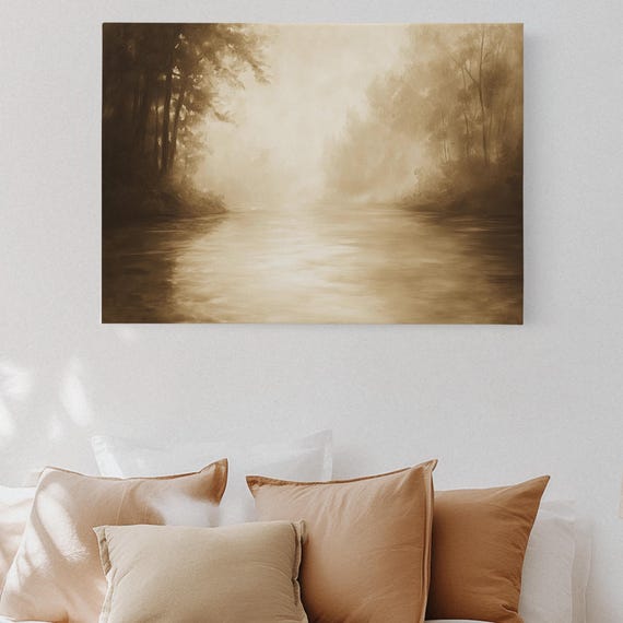 Sepia River Forest Canvas Wall Art Vintage Nature Oil Painting Print Serene Landscape For Rustic Neutral Or Minimalist Home Decor