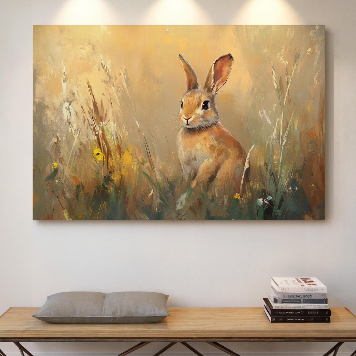 Whimsical Rabbit in Meadow, Rustic Farmhouse Art Print