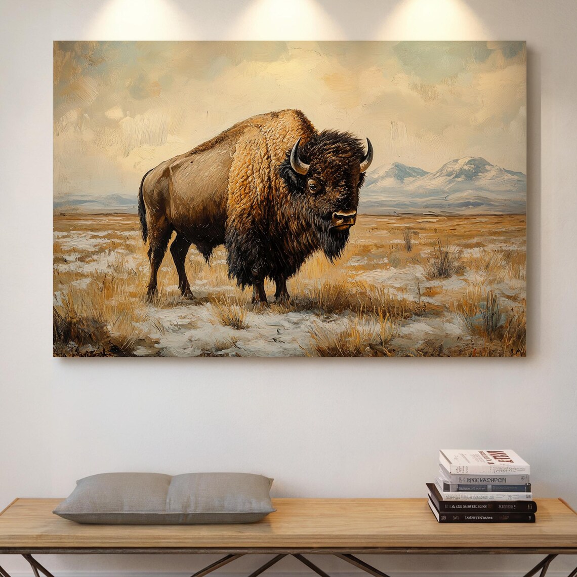 Majestic American Bison in Golden Prairie Oil Painting Wildlife Poster