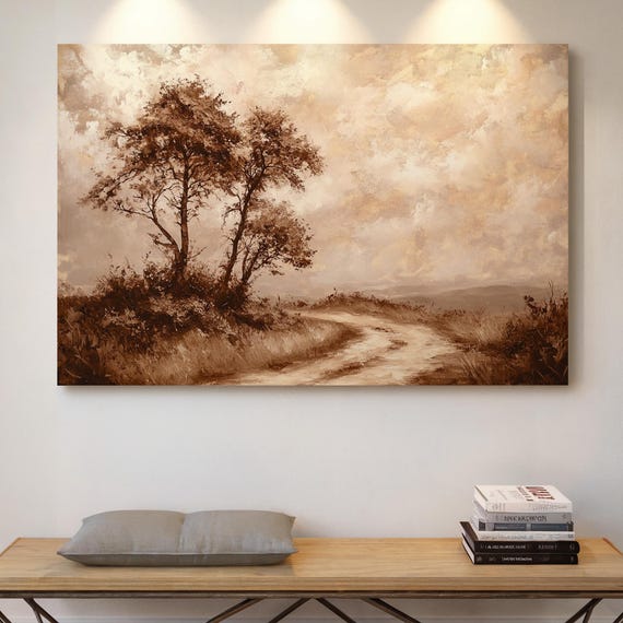 Vintage Sepia Landscape Art Rustic Country Path With Trees Classic Wall Decor For Farmhouse Or Living Room