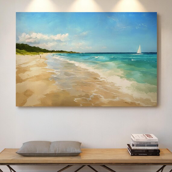 Tropical Beach Sailboat Turquoise Sea Golden Sand Coastal Summer Poster Art