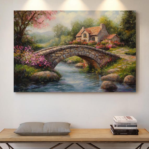 Cottage By The Stone Bridge Canvas Wall Art Vintage Oil Painting Style Landscape With Flowers River And Countryside Home Decor