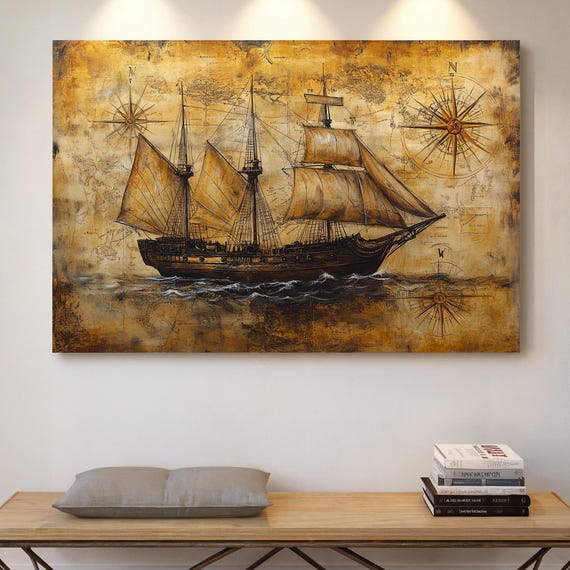 Vintage Pirate Ship Nautical Antique Map Art Print