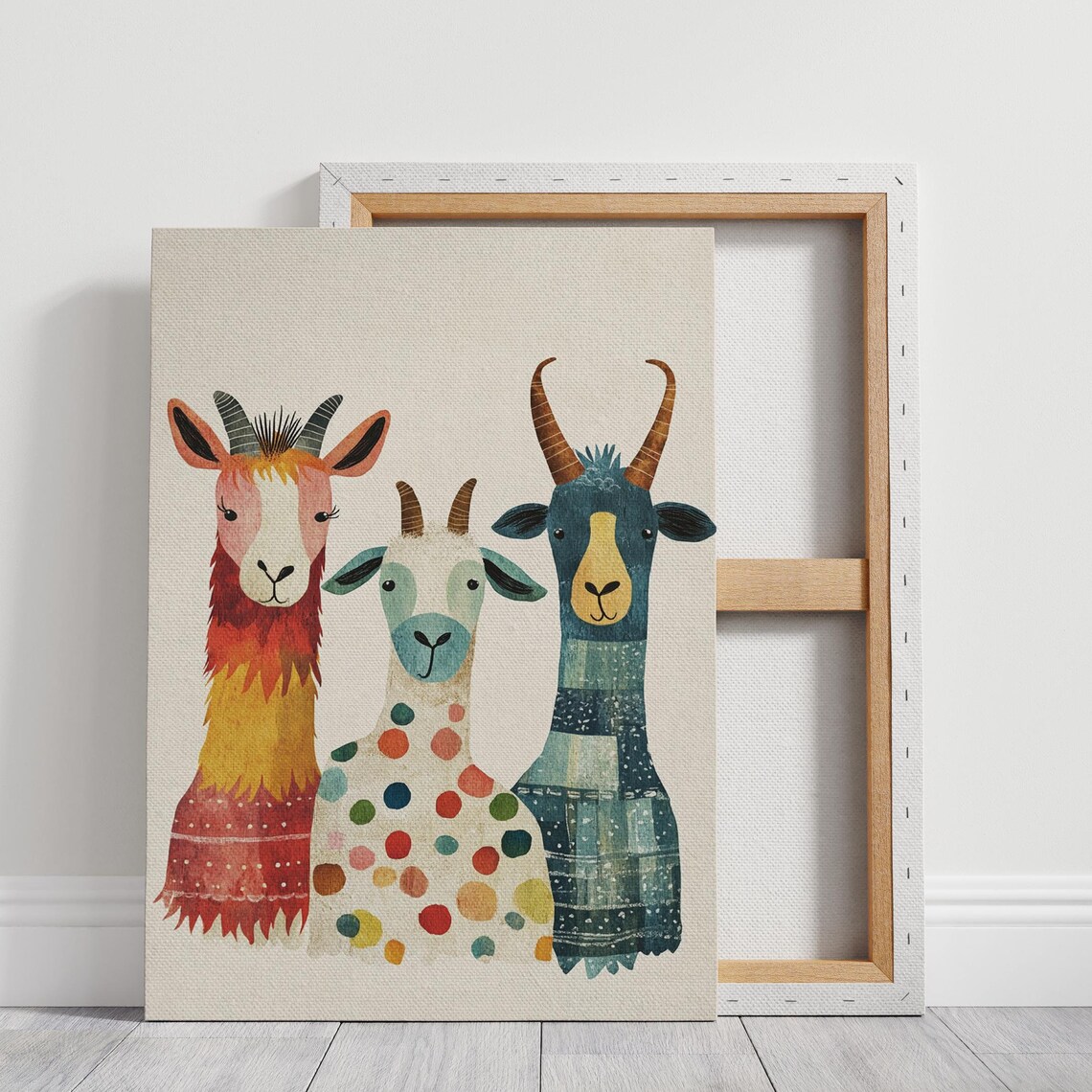 Whimsical Trio Goat Llama Friends Colorful Kids Nursery Canvas Poster