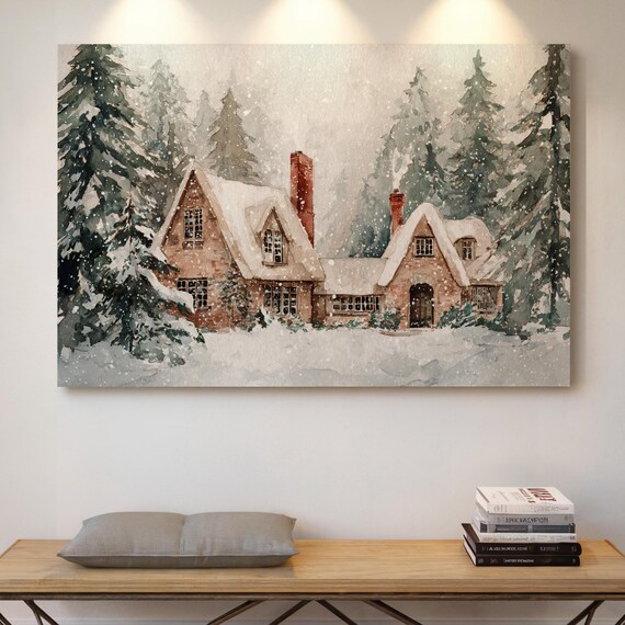 Snowy Winter Cottage Forest Cozy Christmas Cabin Watercolor Wall Art
