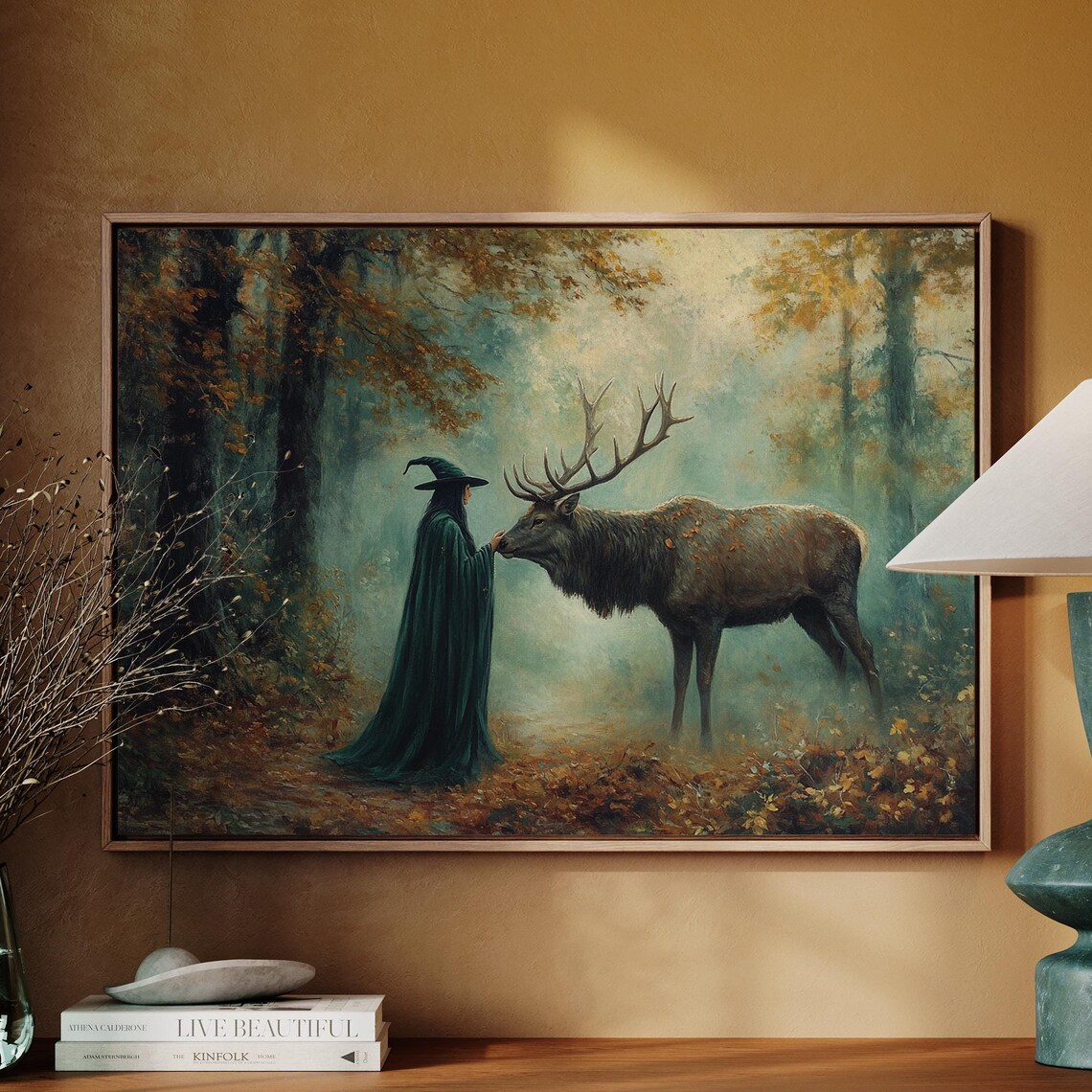 Witch Stag Foggy Autumn Forest Wiccan Woodland Mystical Fantasy Poster