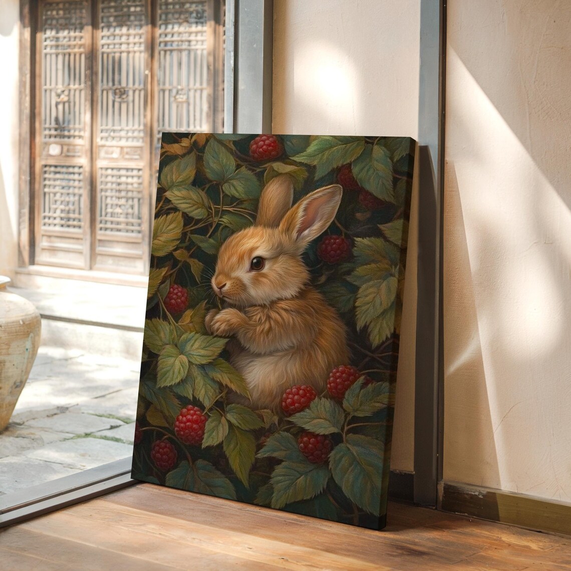 Adorable Bunny in Raspberry Bush Rustic Animal Art Print