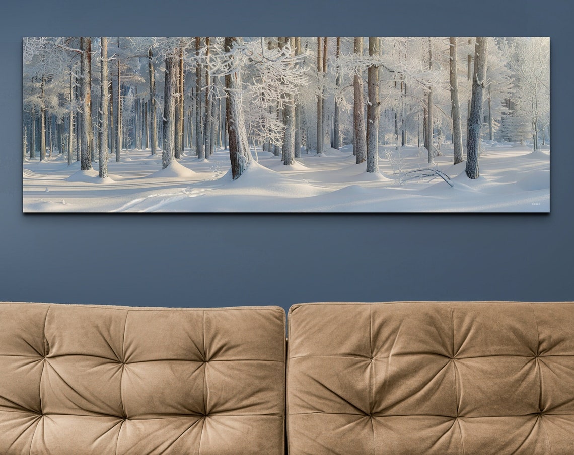 Bright Snowy Birch Forest Winter Morning Panoramic Nature Poster
